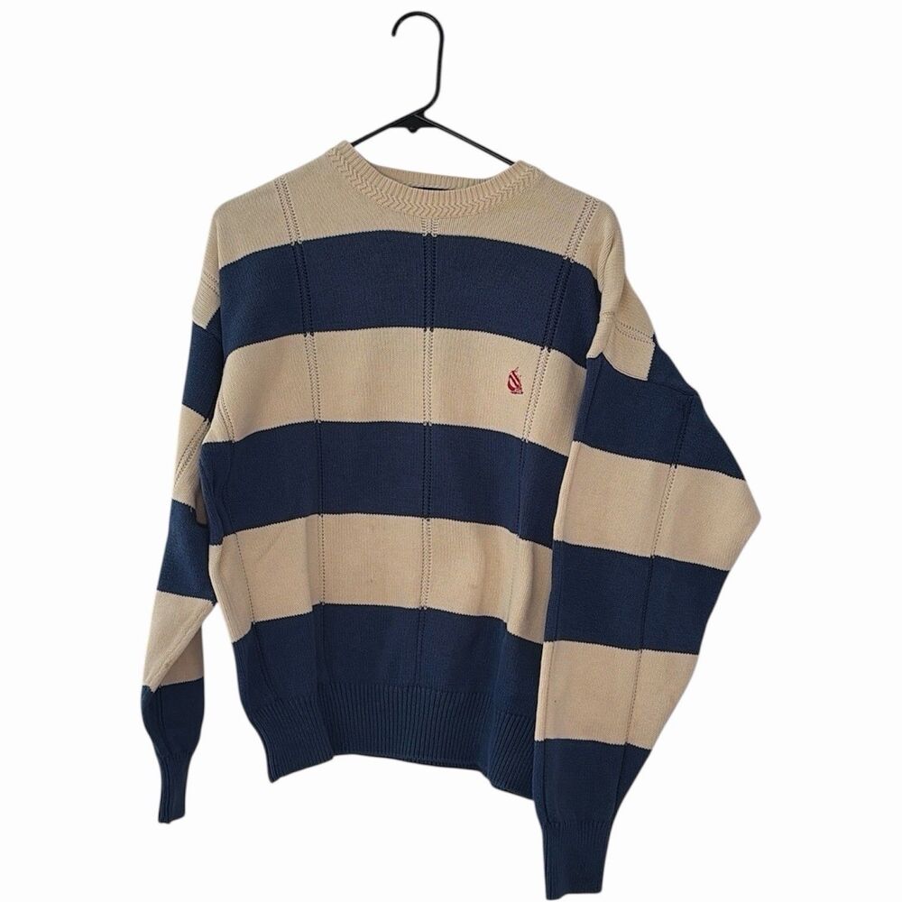 Vintage Nautica Men’s Small Striped Crewneck Sweater Navy Cream Cotton 90s 2000s
